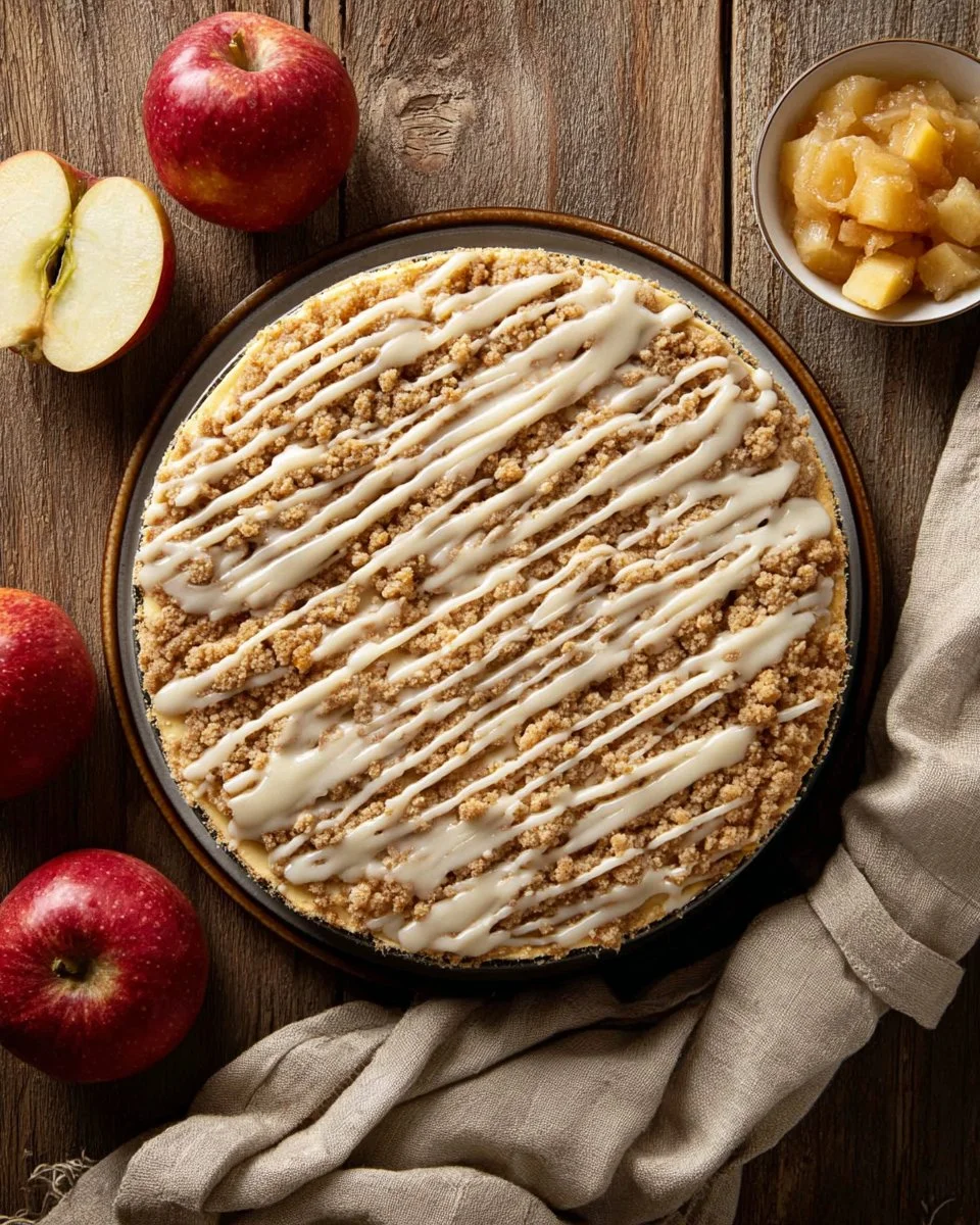 Delicious Apple Crumble Cheesecake slice with apple topping and crumble crust