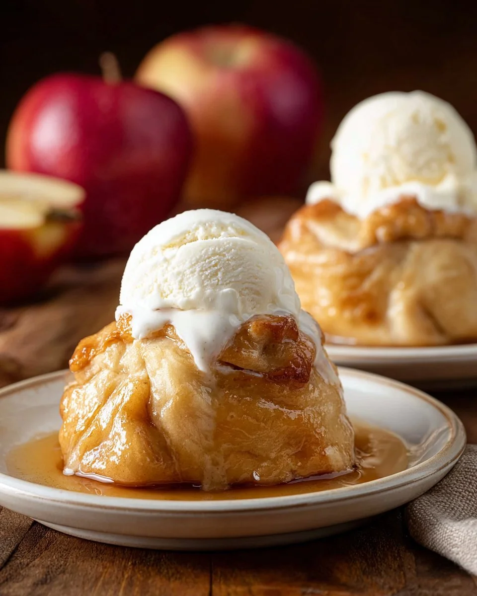 Homemade apple dumplings served warm with cinnamon and sugar.