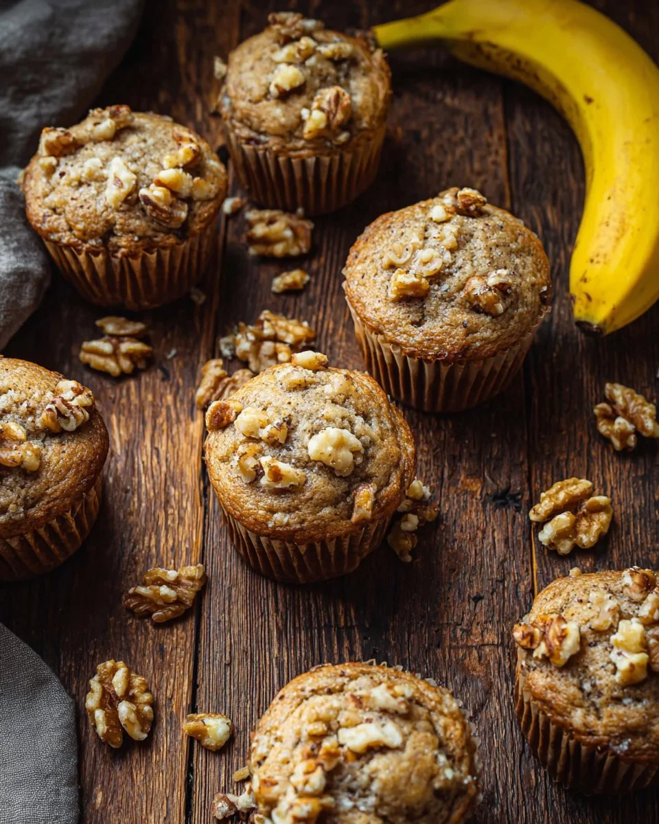 Freshly baked Banana Nut Muffins on a cooling rack