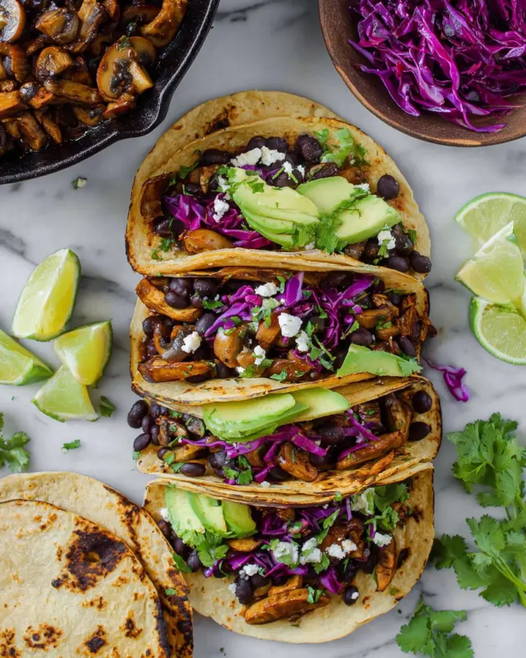 Healthy Black Bean Tacos with mushrooms and toppings on a plate