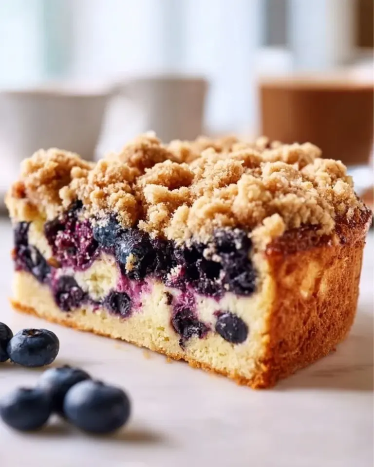 Blueberry coffee crumb cake with a crispy topping and fresh blueberries