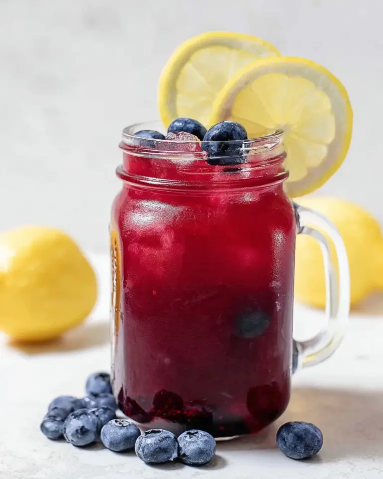 Refreshing blueberry lemonade served in a glass with blueberries and lemon slices