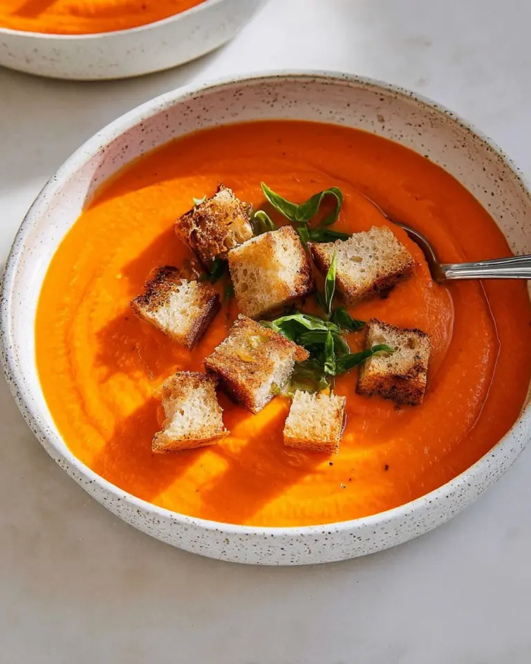 A bowl of butternut squash and tomato soup garnished with herbs