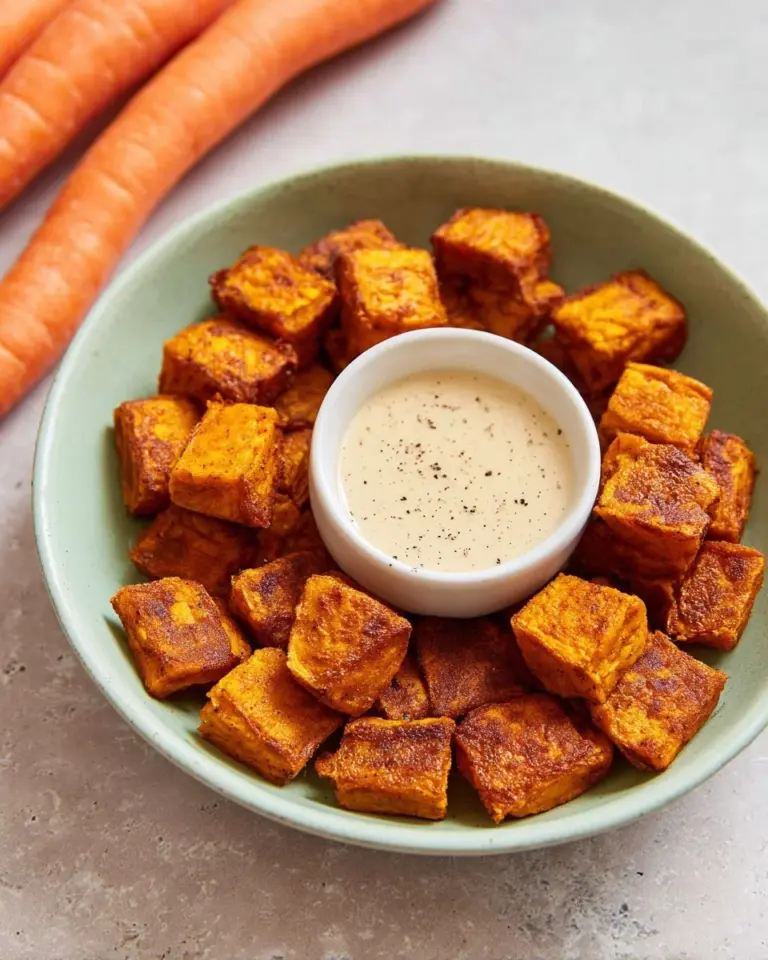 Golden brown carrot fritters served on a plate with dipping sauce