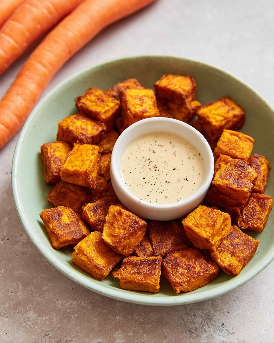 Golden brown carrot fritters served on a plate with dipping sauce