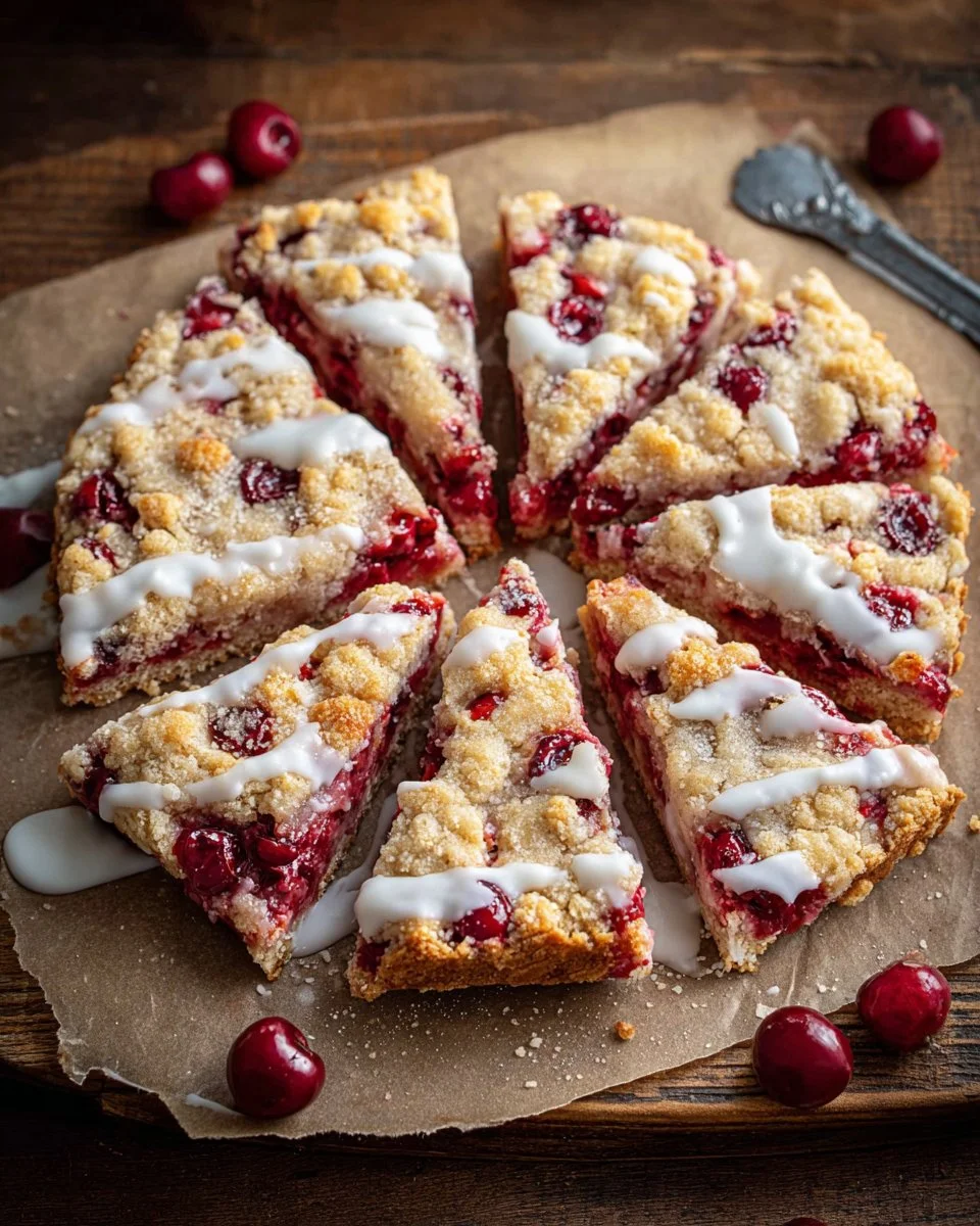 Cherry dessert pizza topped with fresh cherries and a sweet glaze