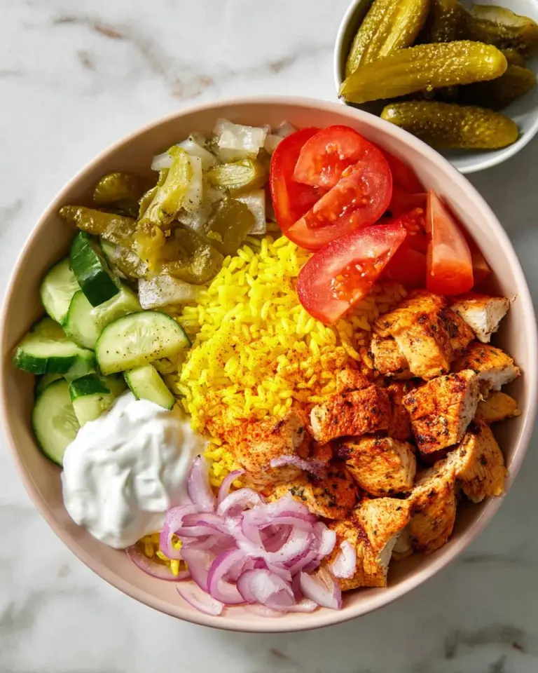 Delicious Chicken Shawarma Bowl with grilled chicken, fresh veggies, and sauces