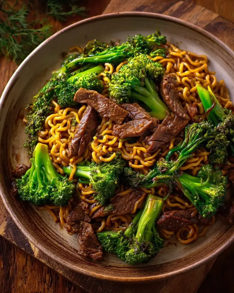 Bowl of Chinese crispy beef and broccoli noodles with vibrant ingredients