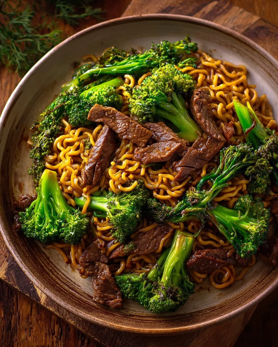 Bowl of Chinese crispy beef and broccoli noodles with vibrant ingredients