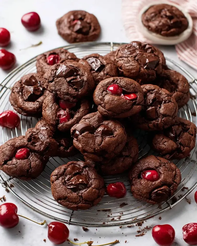 Delicious chocolate covered cherry cookies on a baking tray.