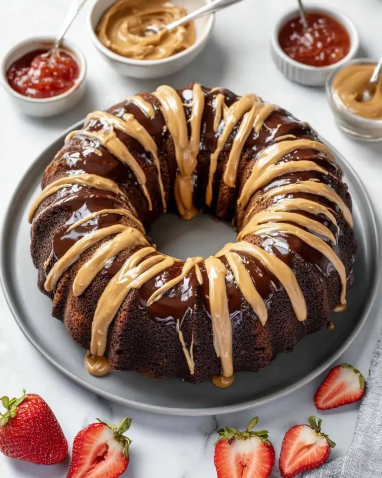 Delicious Chocolate Peanut Butter Bundt Cake drizzled with chocolate sauce