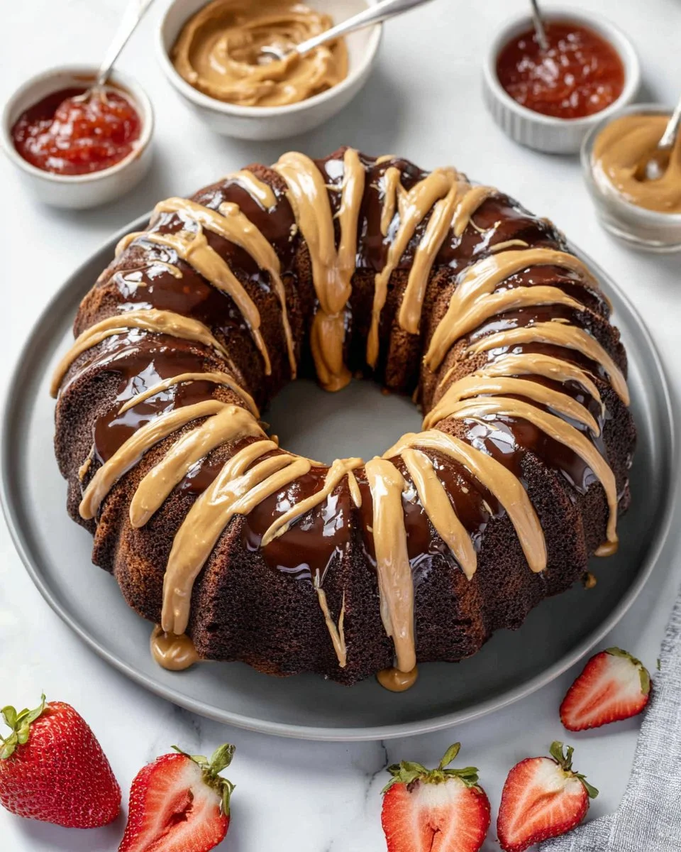 Delicious Chocolate Peanut Butter Bundt Cake drizzled with chocolate sauce