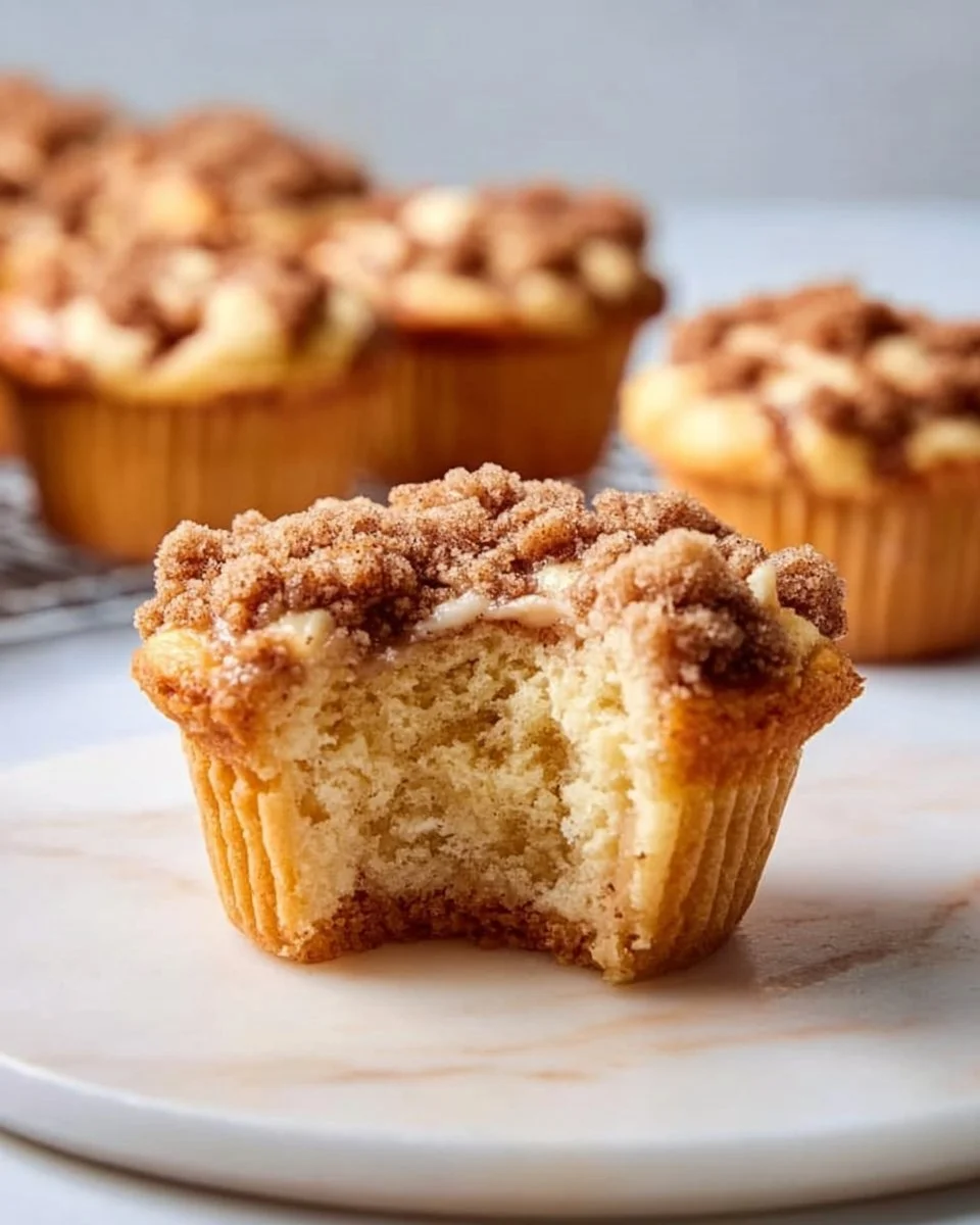 Freshly baked cinnamon streusel coffee cake muffins on a cooling rack