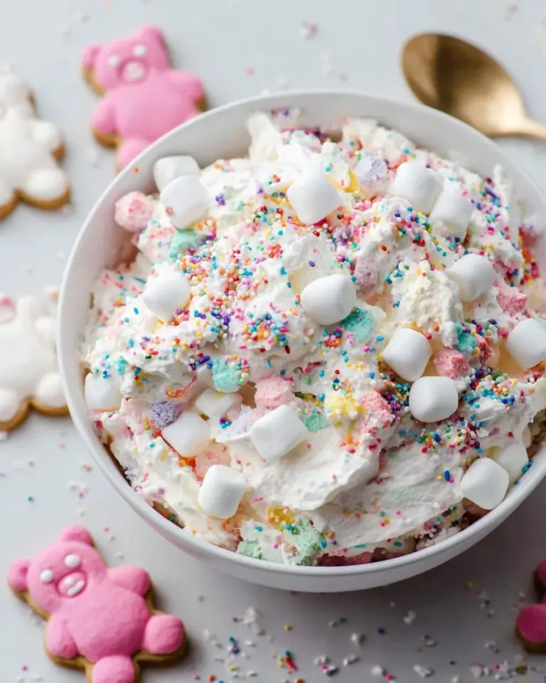 Colorful Circus Cookie Salad dessert in a bowl with sprinkles and cookies