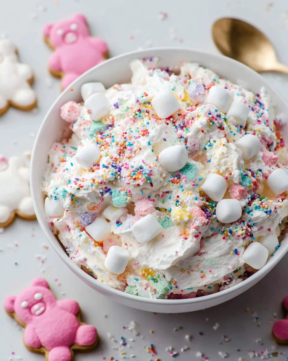 Colorful Circus Cookie Salad dessert in a bowl with sprinkles and cookies