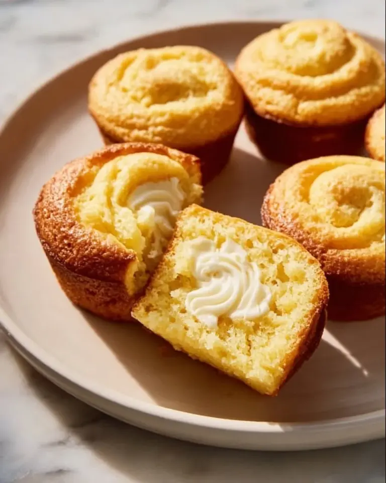 Delicious cornbread muffins with a sour cream center, served fresh from the oven.