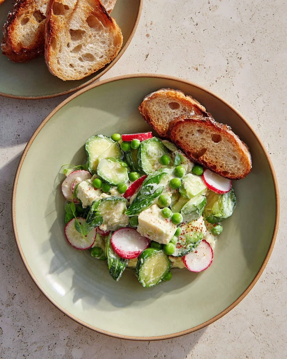 Delicious Cottage Cheese Chicken Salad served in a bowl with fresh vegetables.