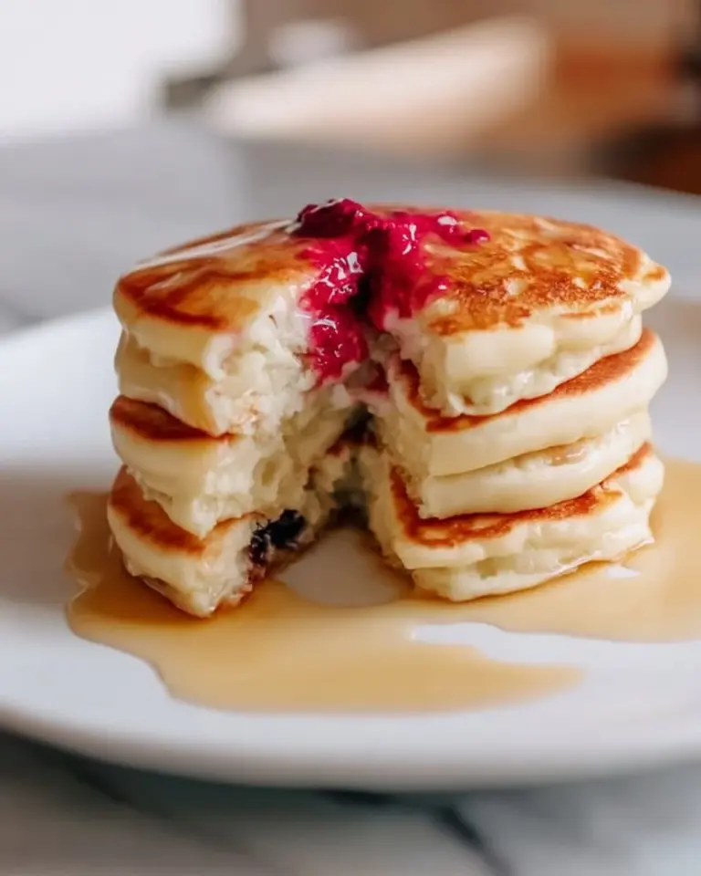 Fluffy cottage cheese pancakes served with fruit and syrup on a plate.