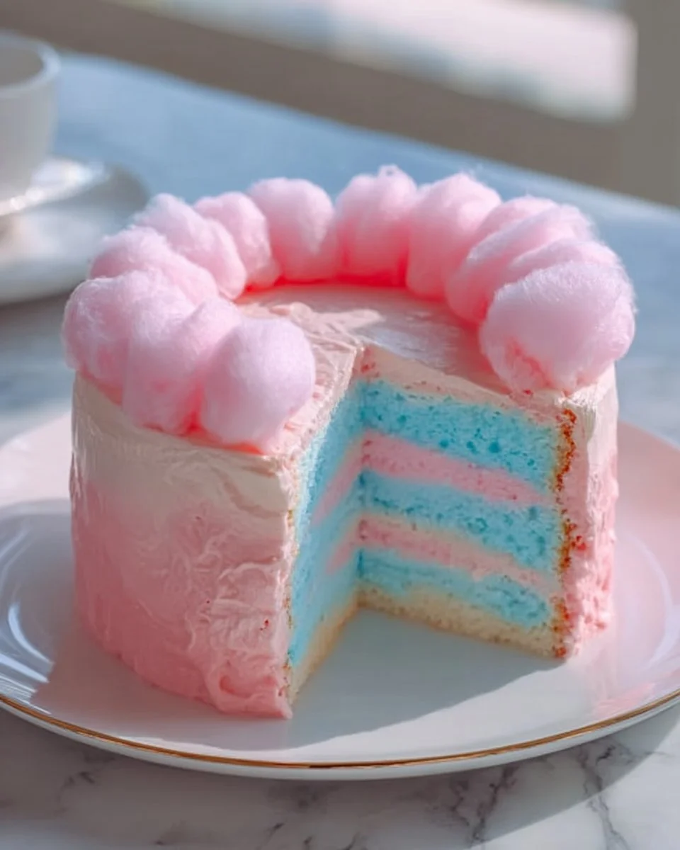 Delicious cotton candy cake topped with colorful cotton candy and sprinkles