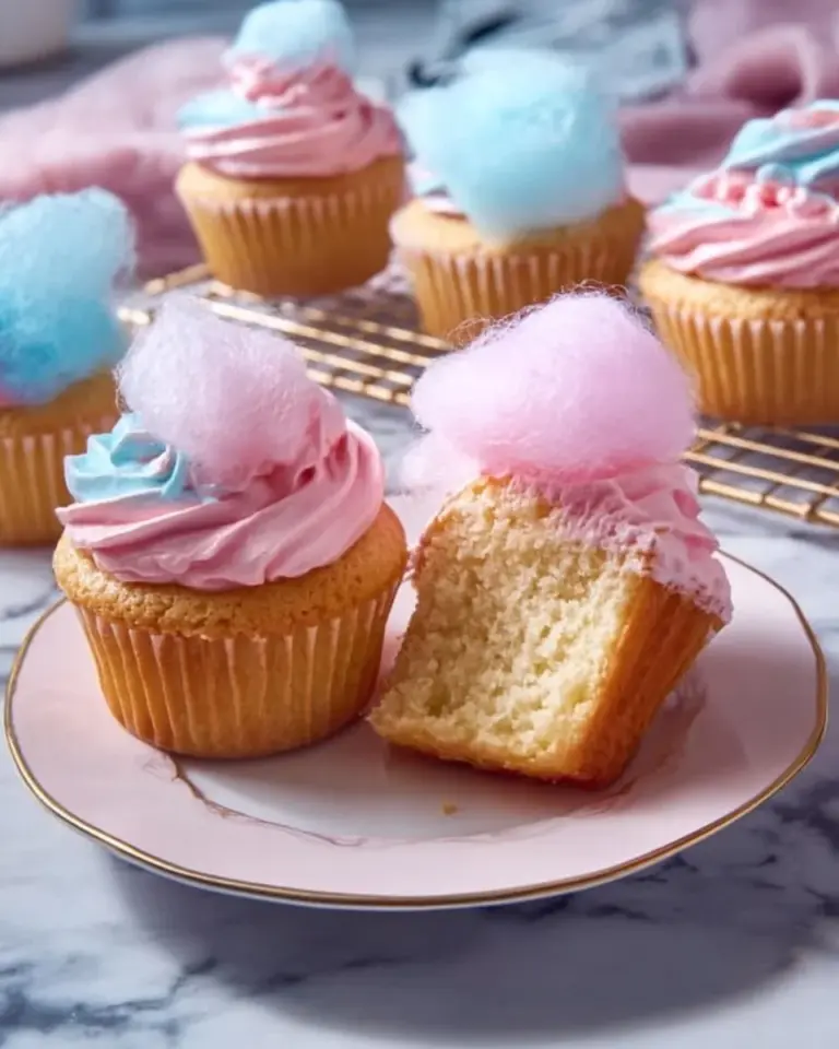 Colorful cotton candy cupcakes topped with fluffy frosting and sprinkles
