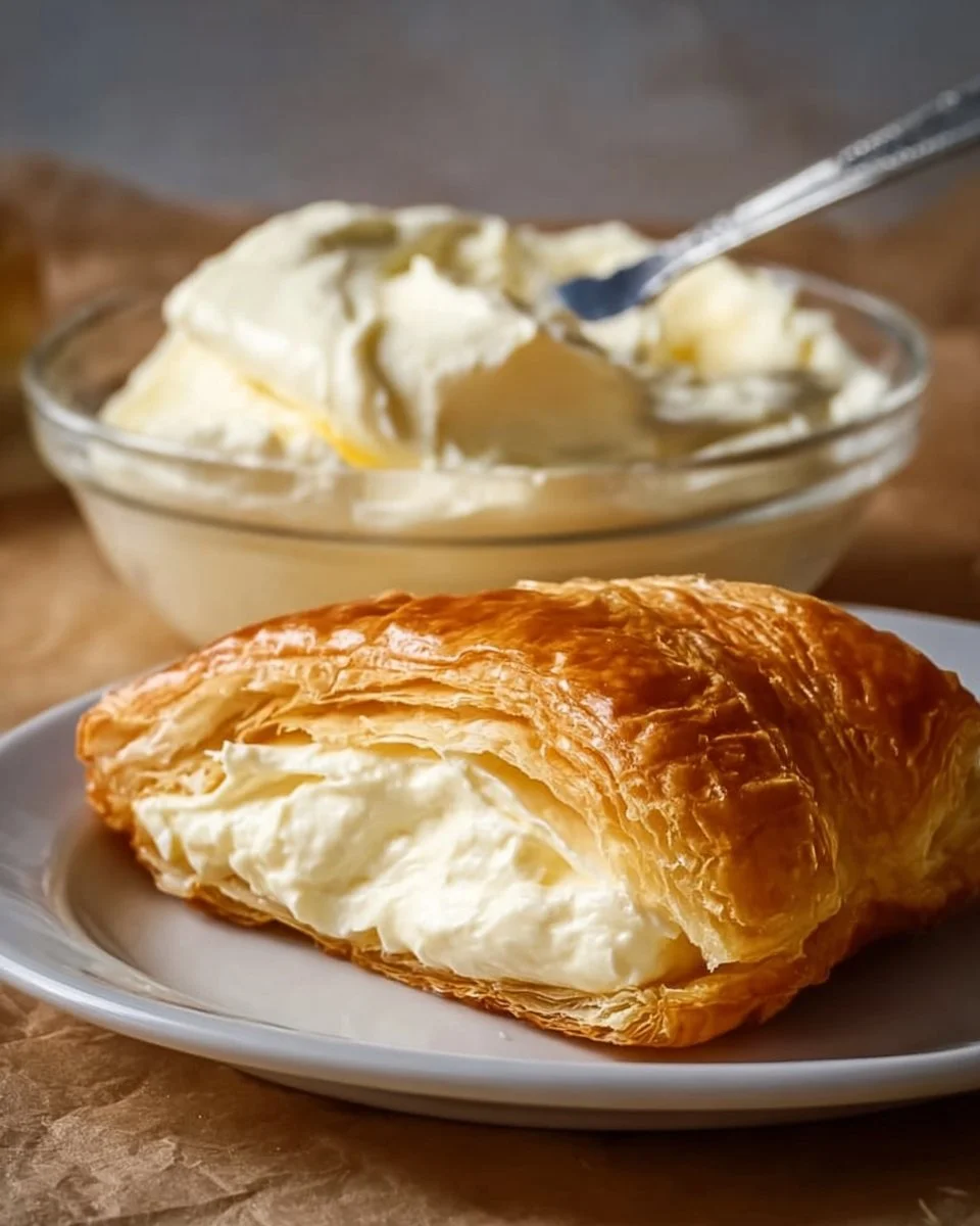 Cream cheese filling spread on puff pastry for a delectable dessert