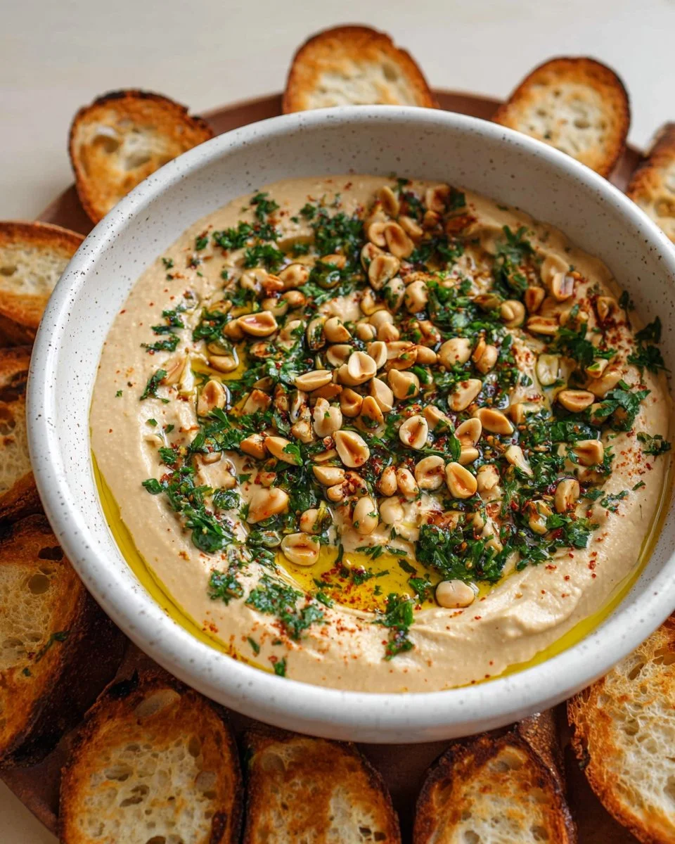 Bowl of creamy chickpea hummus garnished with olive oil and parsley