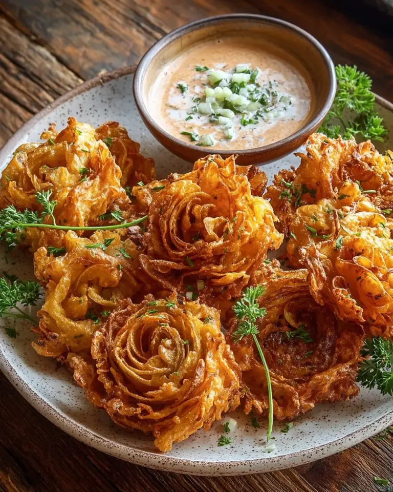 Crispy mini bloomin’ onions with creamy ranch dip on a plate