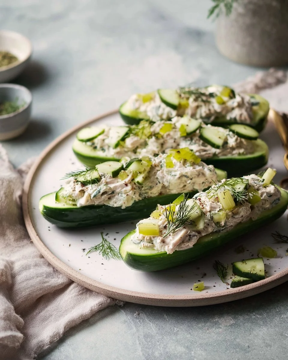 Dill pickle chicken served in cucumber boats for a healthy appetizer