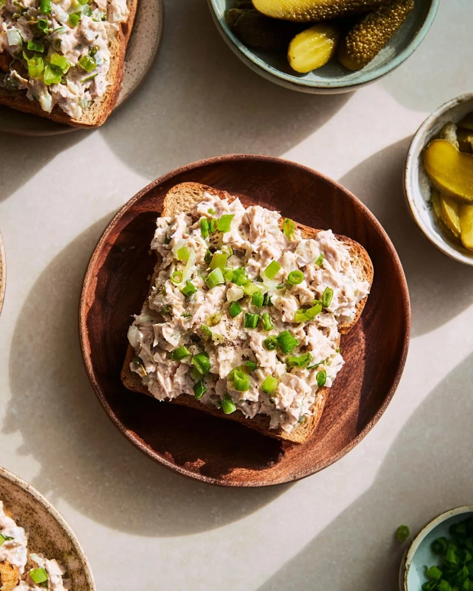 Bowl of Dill Pickle Tuna Salad topped with fresh herbs