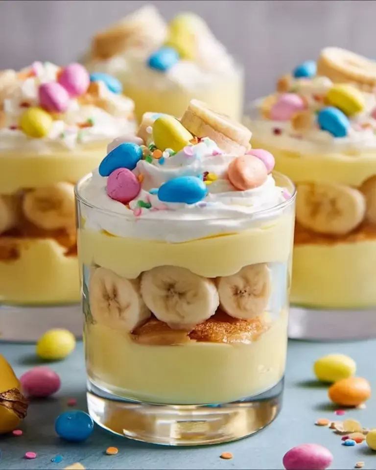 Easter banana pudding cups served in colorful containers, topped with whipped cream and banana slices.