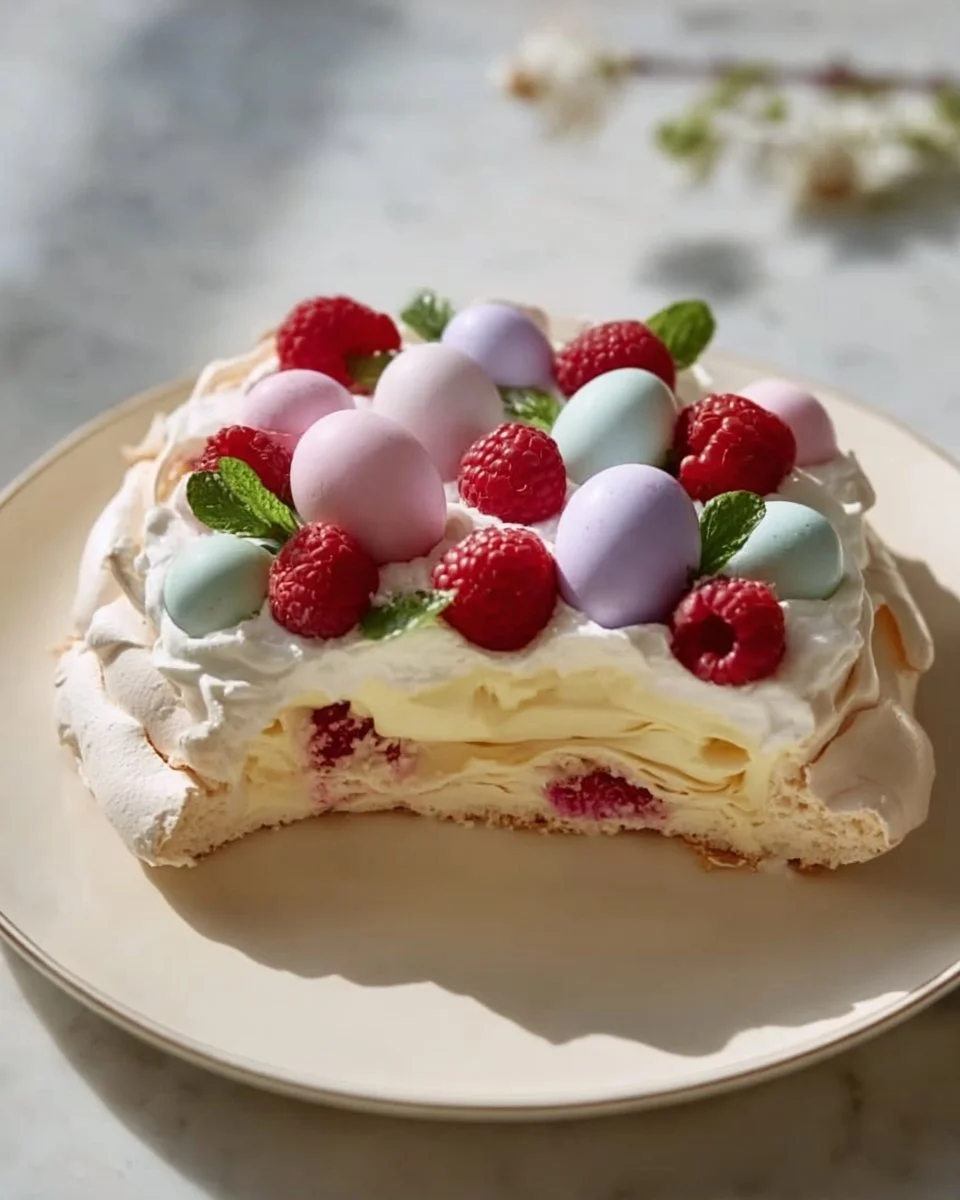 Easter Pavlova topped with fresh fruits and whipped cream on a decorative plate