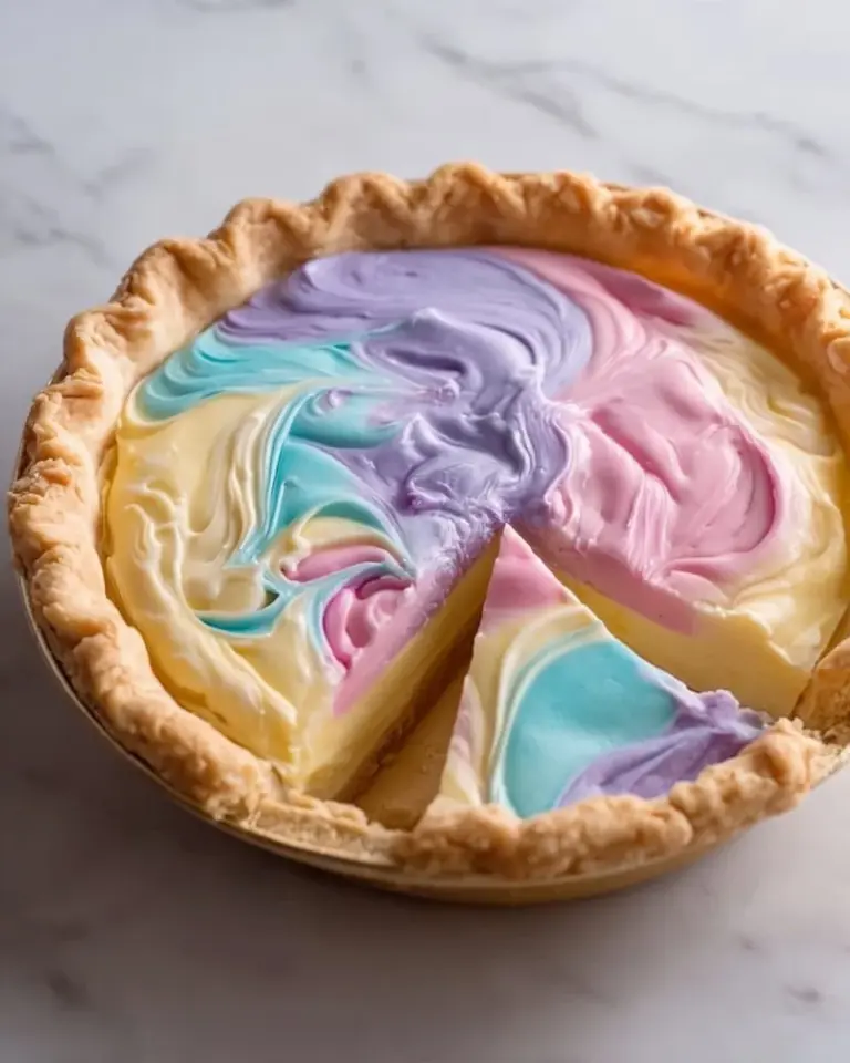 Colorful Easter Swirl Pie topped with pastel swirls and spring decorations