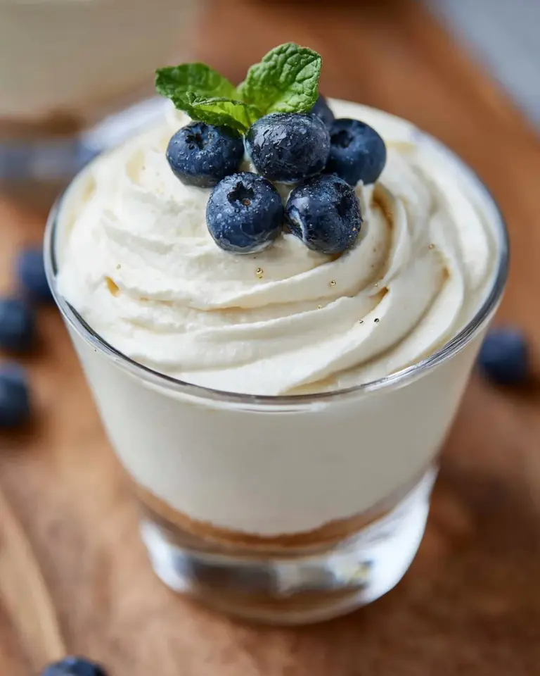 Delicious easy cheesecake mousse served in a glass with berries on top.