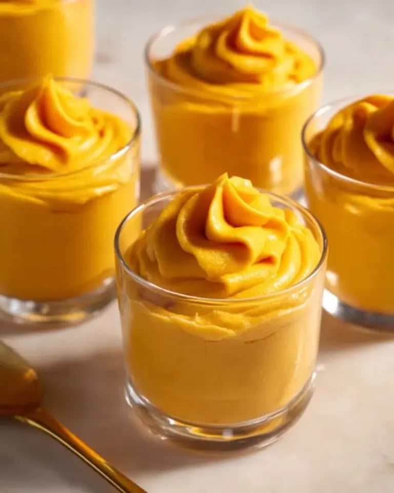 Delicious easy mango mousse dessert in a glass, topped with fresh mango slices.