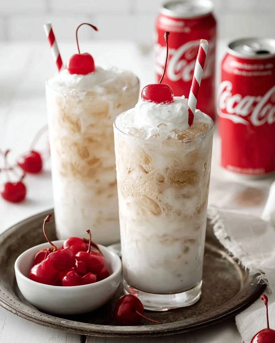 A refreshing Fluffy Coke beverage served in a clear glass with ice and a straw.