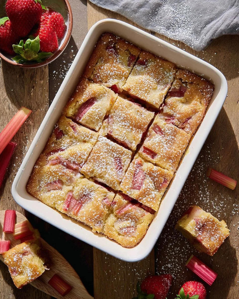 Delicious homemade fresh strawberry rhubarb cake on a rustic wooden table