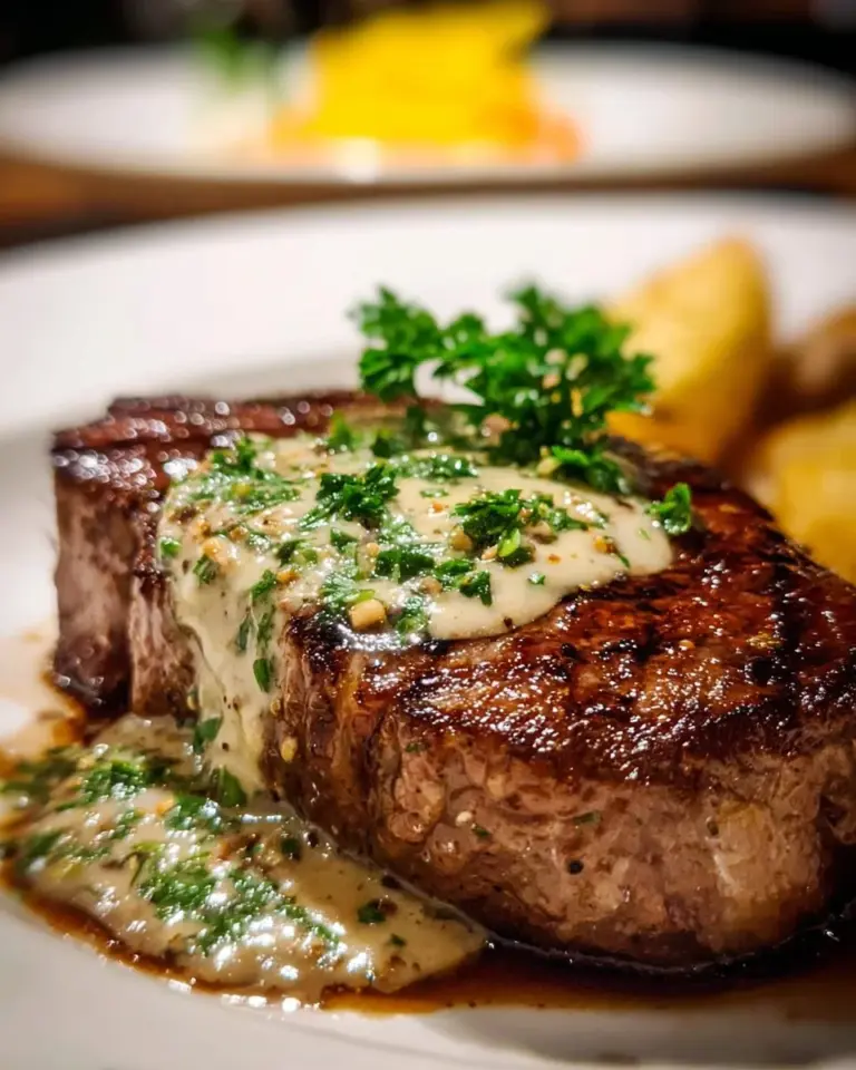 Garlic Butter Steak served with creamy Parmesan sauce on a plate.