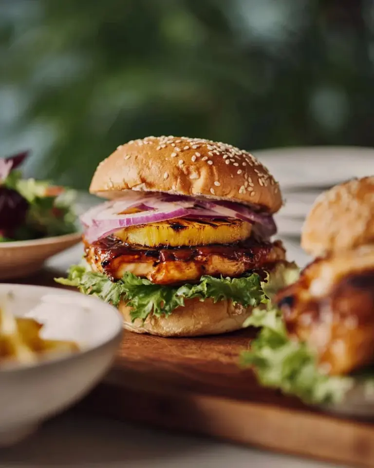 Delicious grilled Hawaiian chicken sandwich topped with fresh ingredients