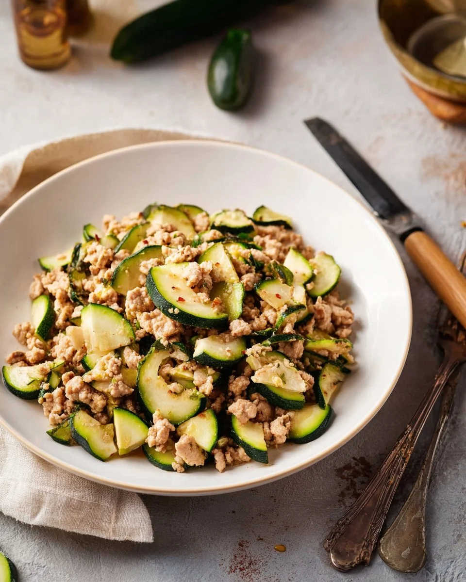 Ground turkey and zucchini stir fry served in a bowl with fresh veggies