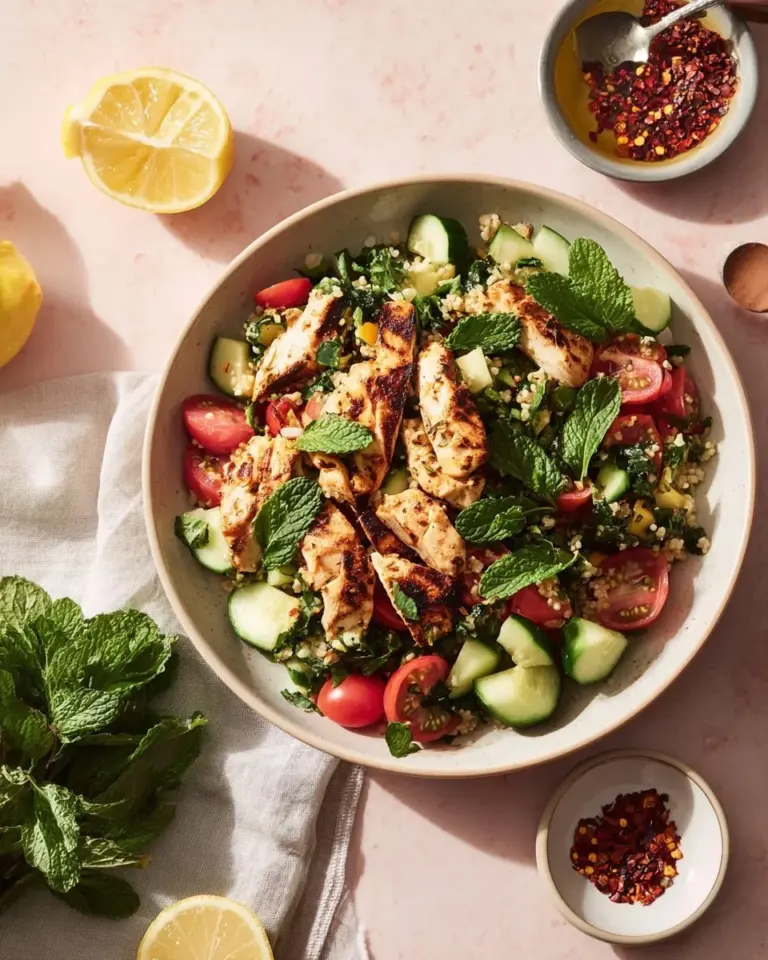 Healthy grain and chicken bowls topped with Mediterranean salsa.