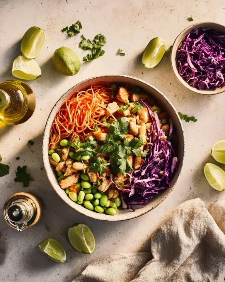 High protein chicken Buddha bowl filled with colorful vegetables and grains.