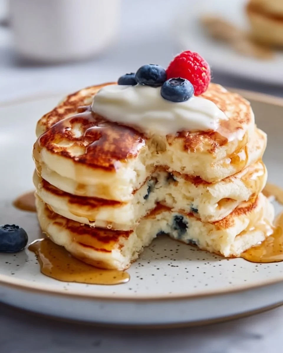 Delicious high protein cottage cheese pancakes topped with fresh berries