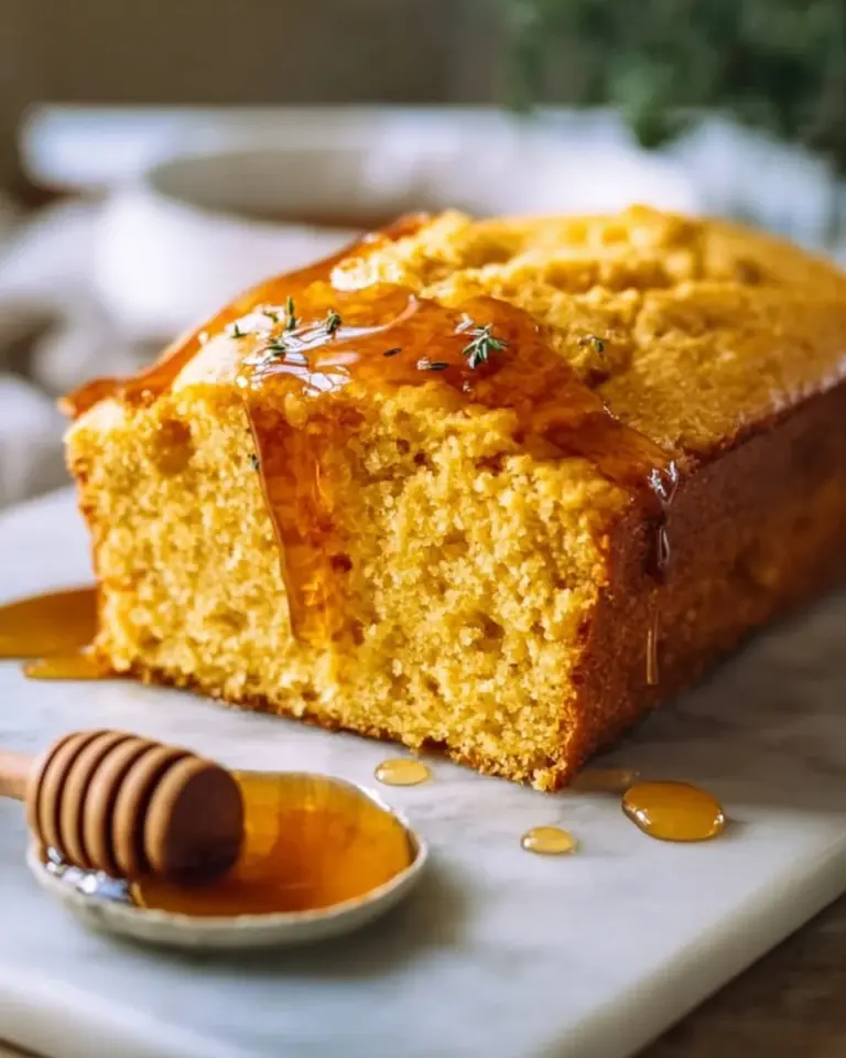 Freshly baked honey cornbread with a golden crust and sweet honey drizzle.
