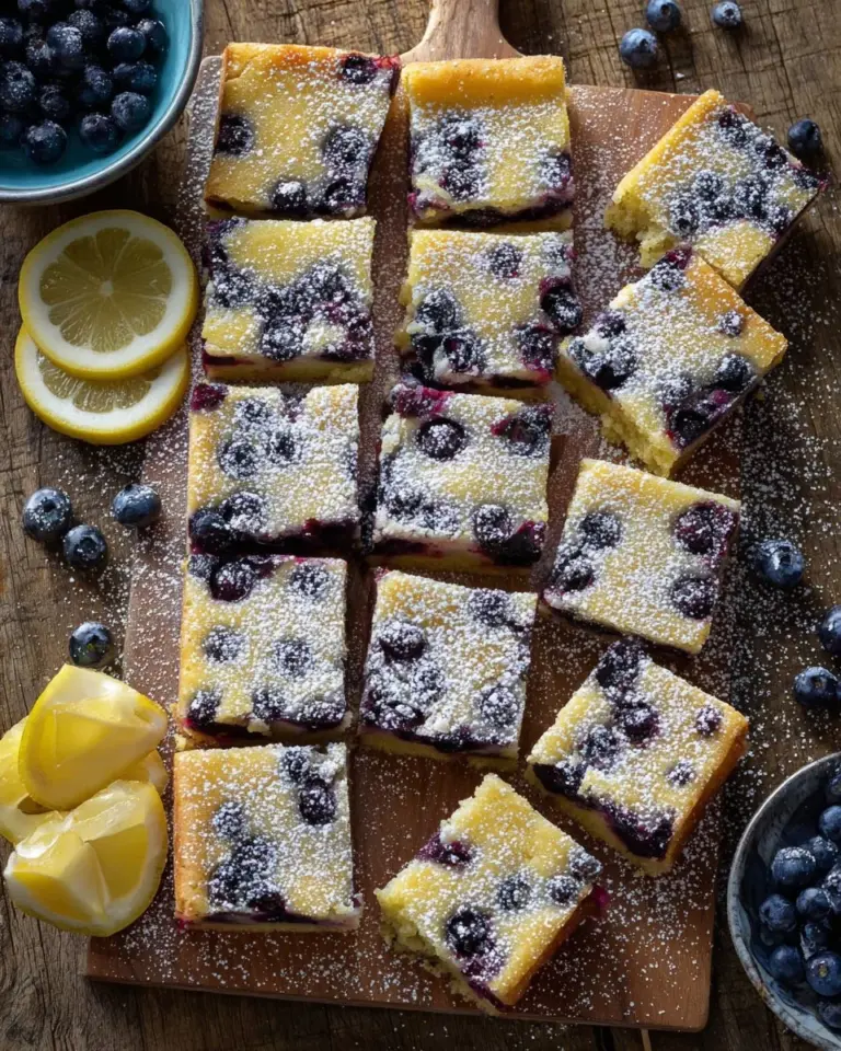 Freshly baked lemon blueberry bars on a plate with blueberries and lemon slices.