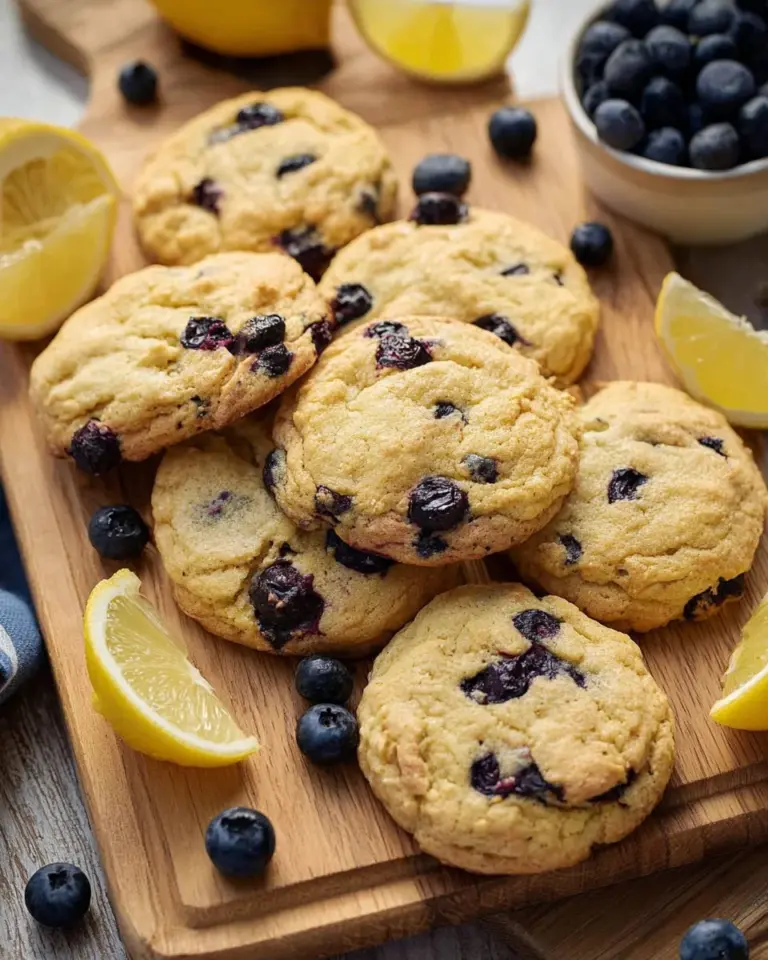 Freshly baked lemon blueberry cookies on a cooling rack