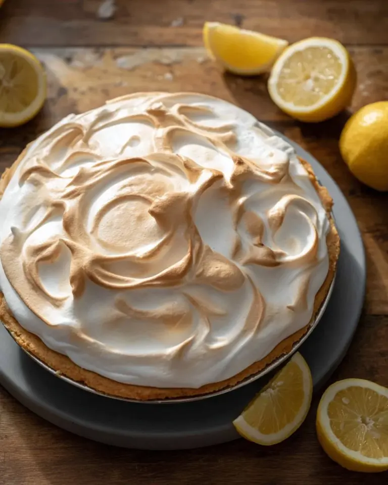 Slice of Lemon Meringue Cheesecake topped with fresh lemon and meringue