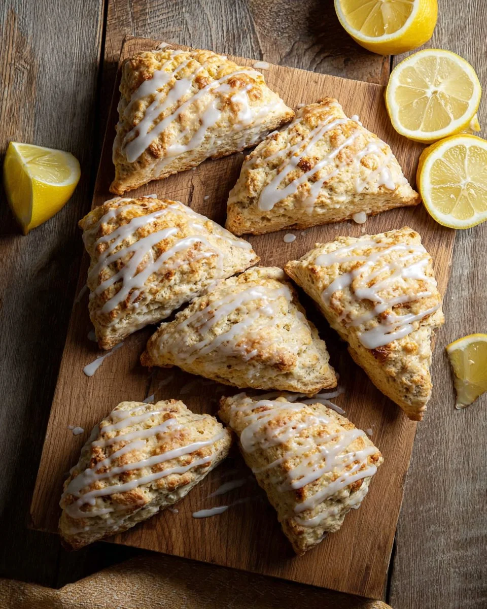 Delicious lemon poppy seed scones on a white plate with lemon slices