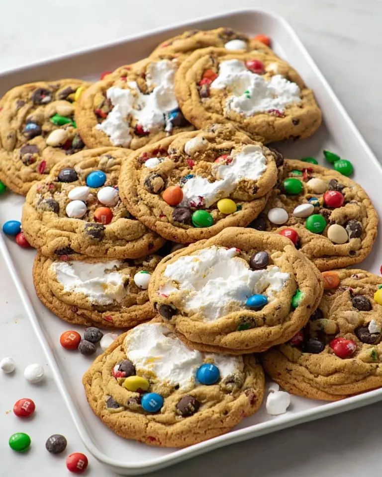 Delicious Marshmallow Monster Cookies with colorful sprinkles and marshmallows