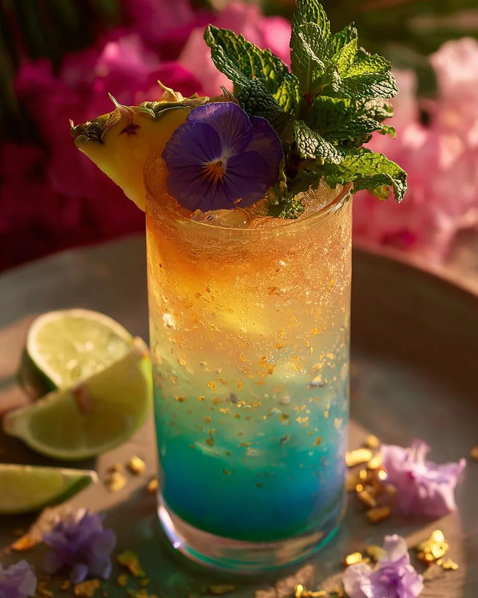 A colorful Mermaid Water mocktail garnished with tropical fruits and herbs