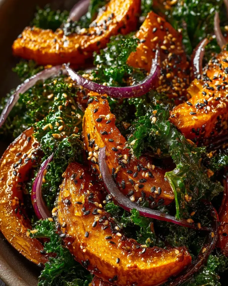 Miso glazed pumpkin and kale salad served in a bowl